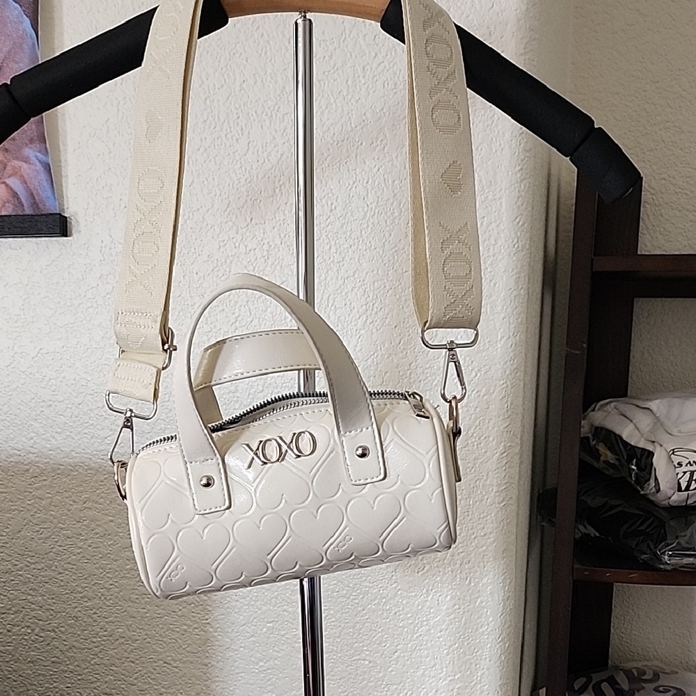 XOXO Cream Heart-Embossed Mini Crossbody Satchel with Adjustable Strap
